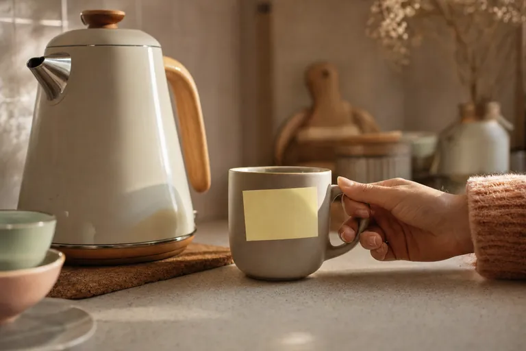 A hand reaching for a grey mug with a blank yellow sticky note on it, next to a cream kettle on a sunny kitchen counter