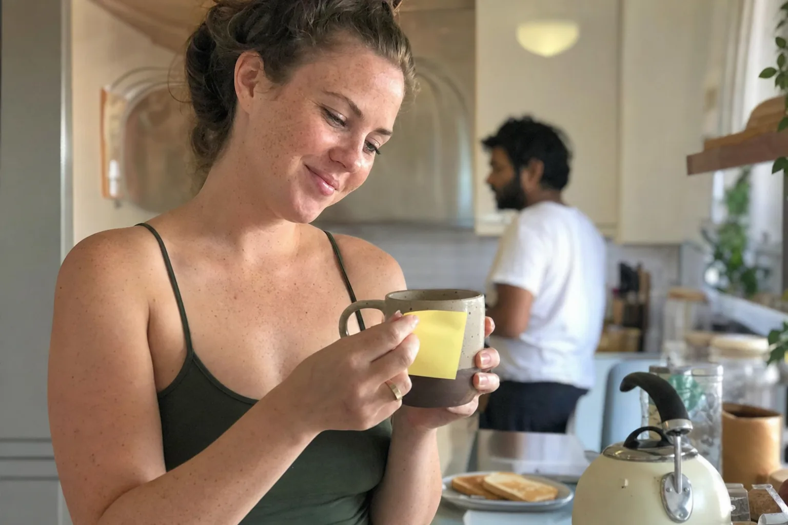 A hand reaching for a grey mug with a blank yellow sticky note on it, next to a cream kettle on a sunny kitchen counter