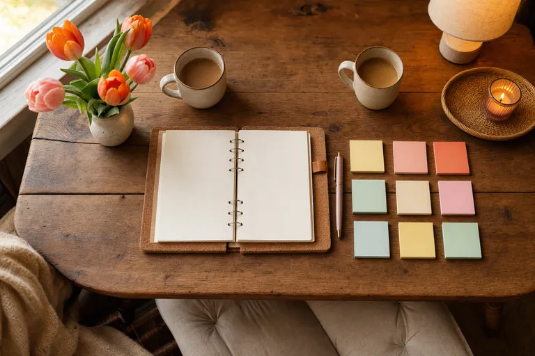 Overhead view of a wooden table with two coffees, tulips, an open blank planner, a pen and rows of pastel sticky notes