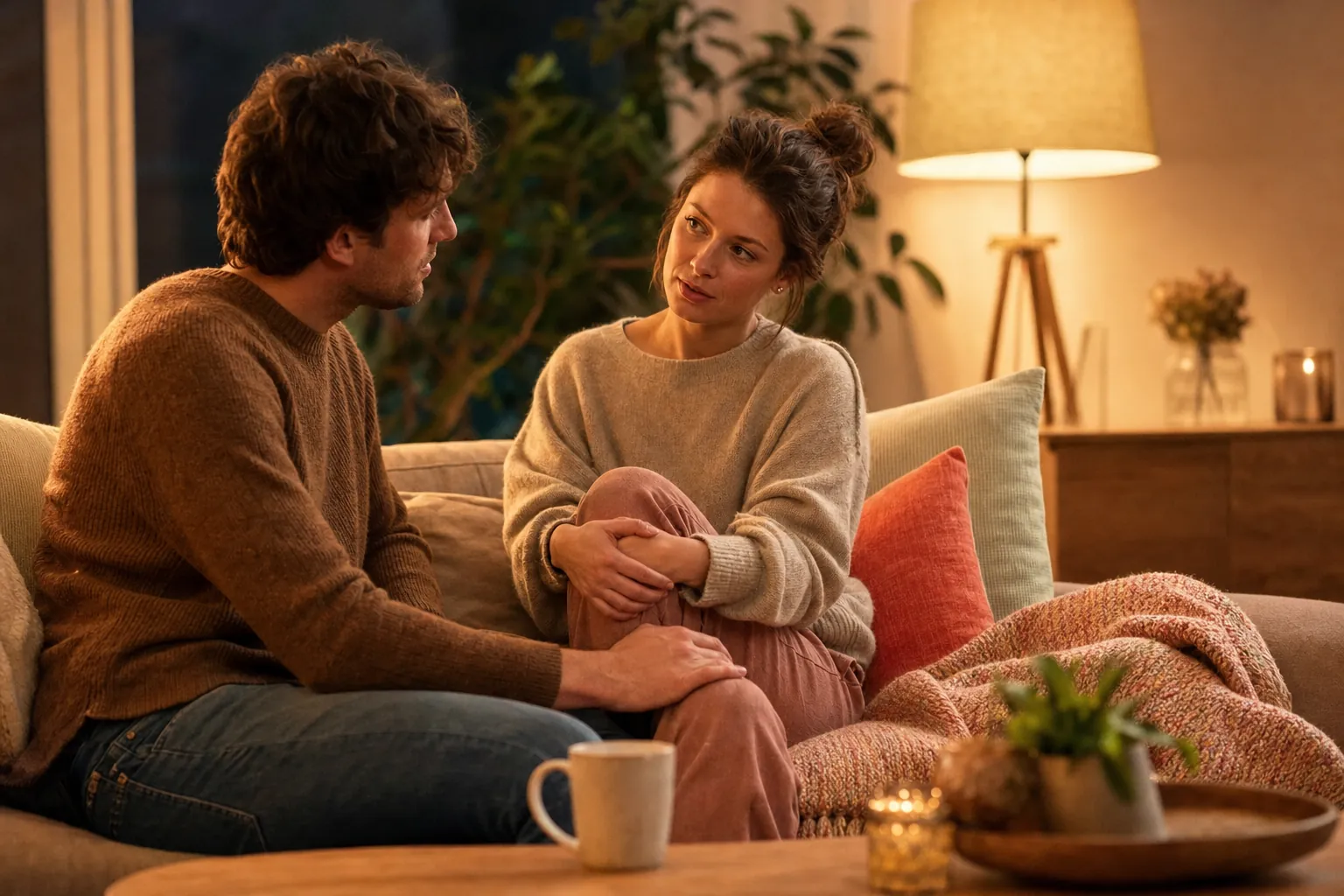 A couple talking quietly on a sofa in the evening, one with a hand on the other's knee, with a floor lamp and candles behind them