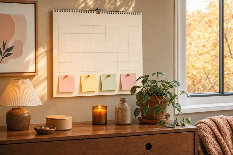 A blank paper wall calendar with four pastel notes pinned below it, above a wooden sideboard with a lamp, candle and trailing plant in autumn light