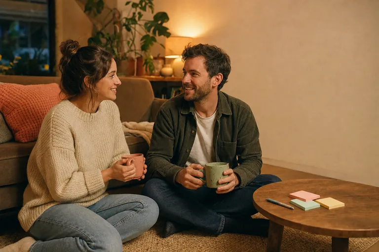 A couple sitting on a living room rug in lamplight, holding mugs and smiling at each other, with pastel sticky notes and a pen on a round wooden table