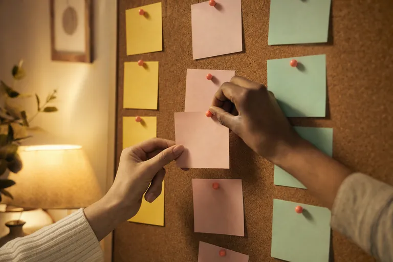 Two people's hands pinning blank yellow, pink and mint sticky notes to a cork board with coral push pins, lit by a warm lamp