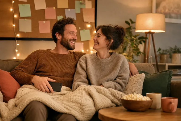 A couple laughing under a knitted blanket on a sofa on a Sunday evening, with popcorn and mugs on the side table and a cork board of pastel notes behind them