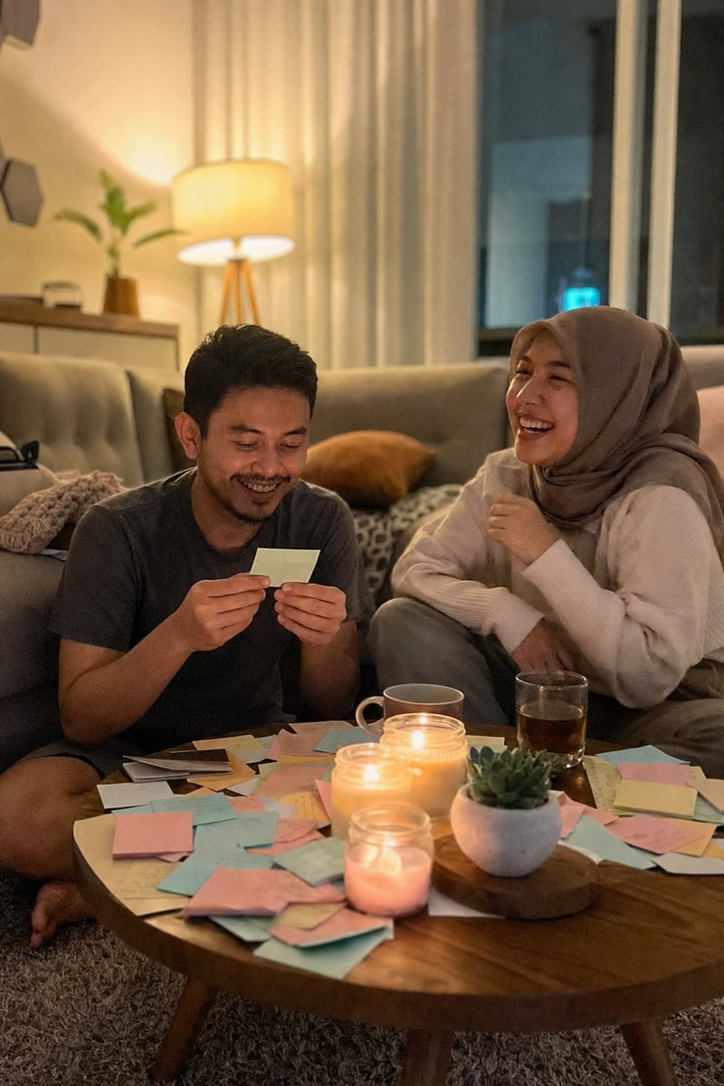 Pasangan tertawa di lantai dekat meja kopi bercahaya lilin yang penuh catatan tempel warna pastel