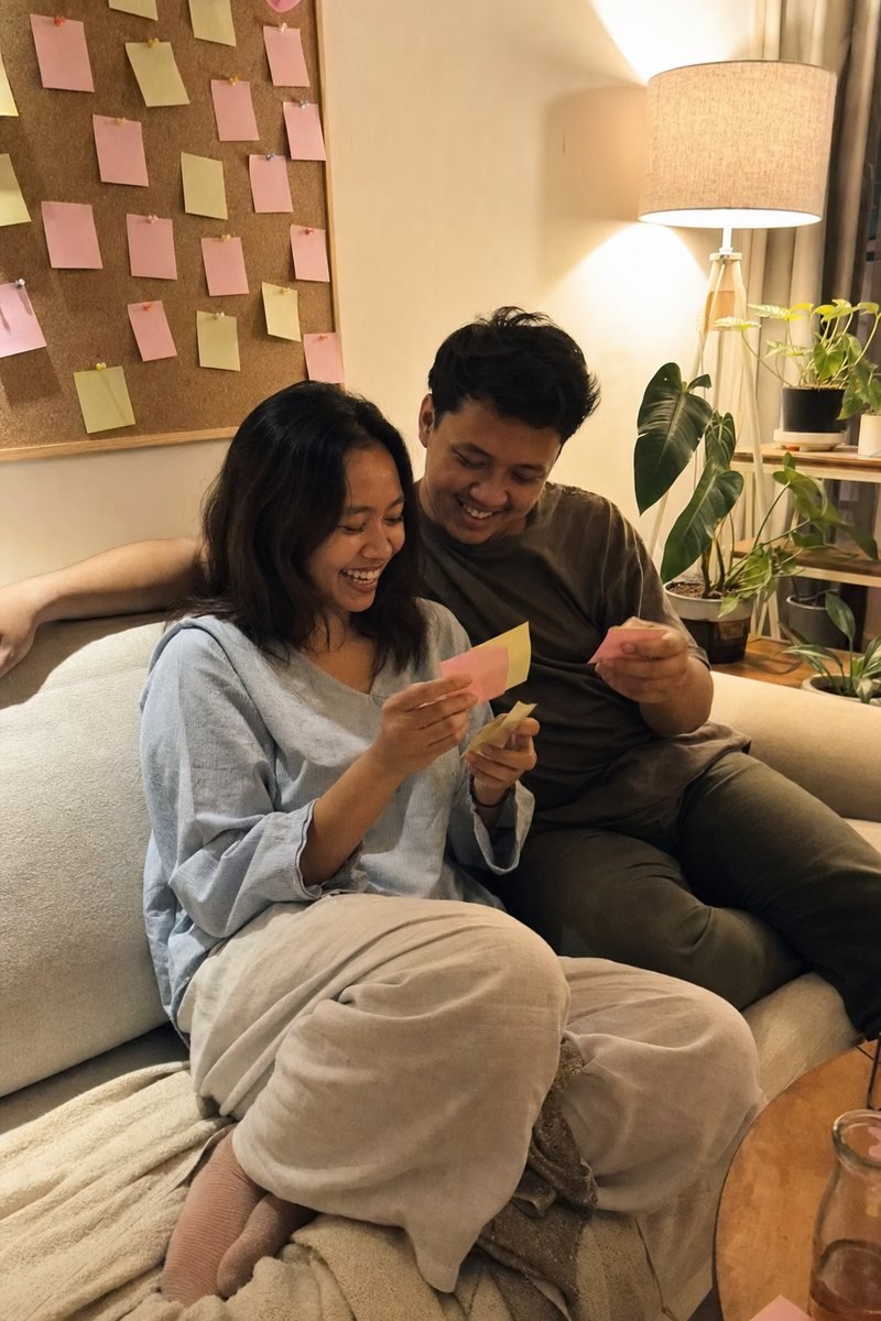 Pasangan di sofa tertawa sambil membaca catatan tempel, dengan papan gabus penuh catatan di dinding di belakang mereka