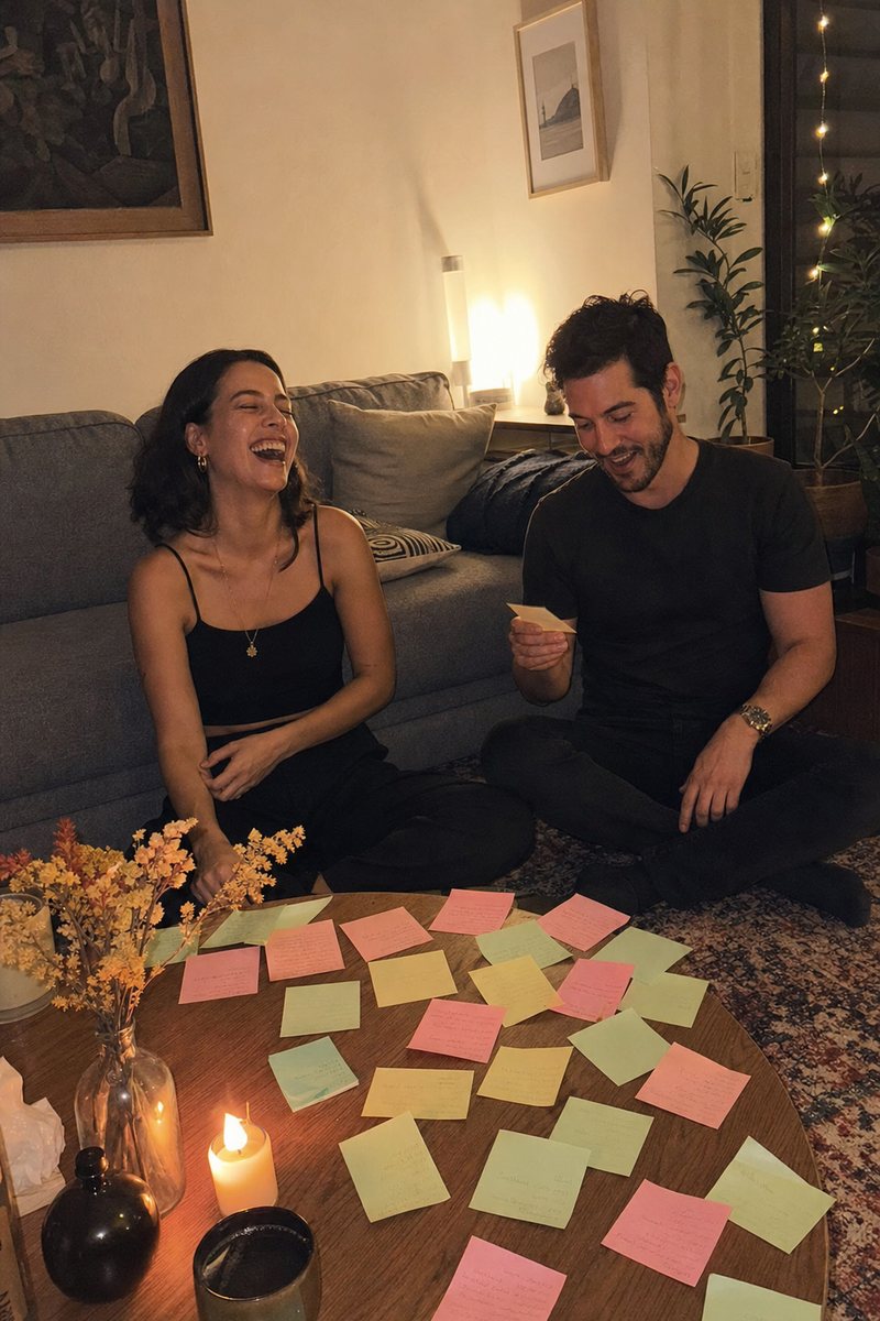 Um casal rindo no chão ao lado de uma mesinha de centro iluminada por velas e coberta de post-its em tons pastel