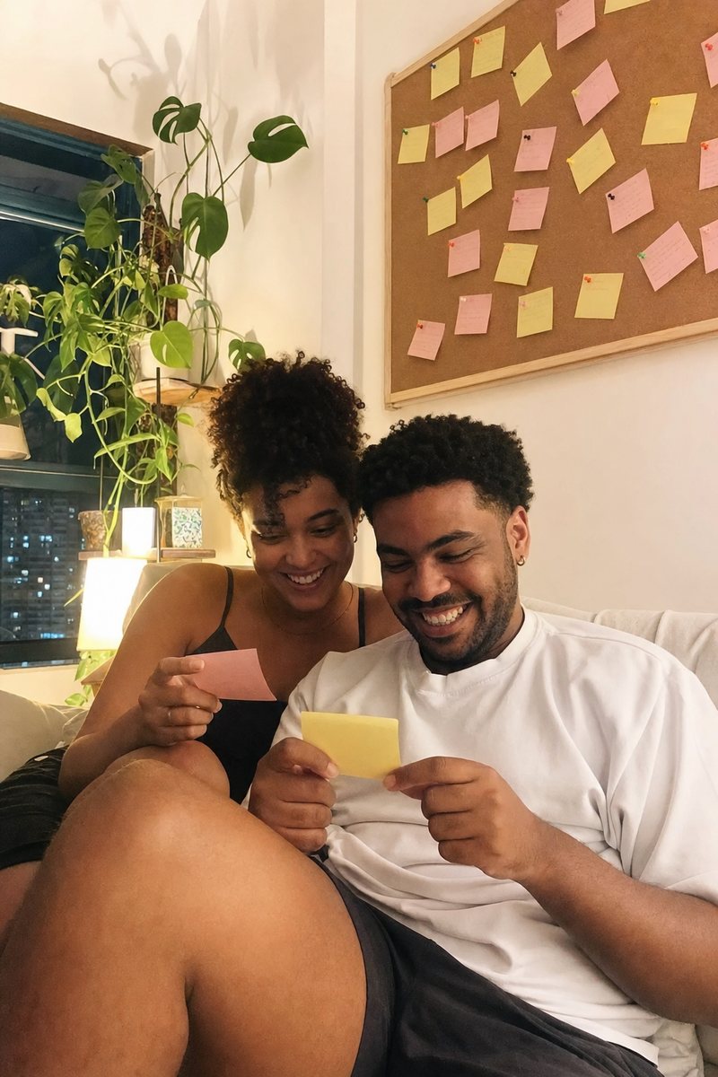 Um casal no sofá rindo enquanto lê post-its, com um quadro de cortiça cheio de notas na parede atrás deles