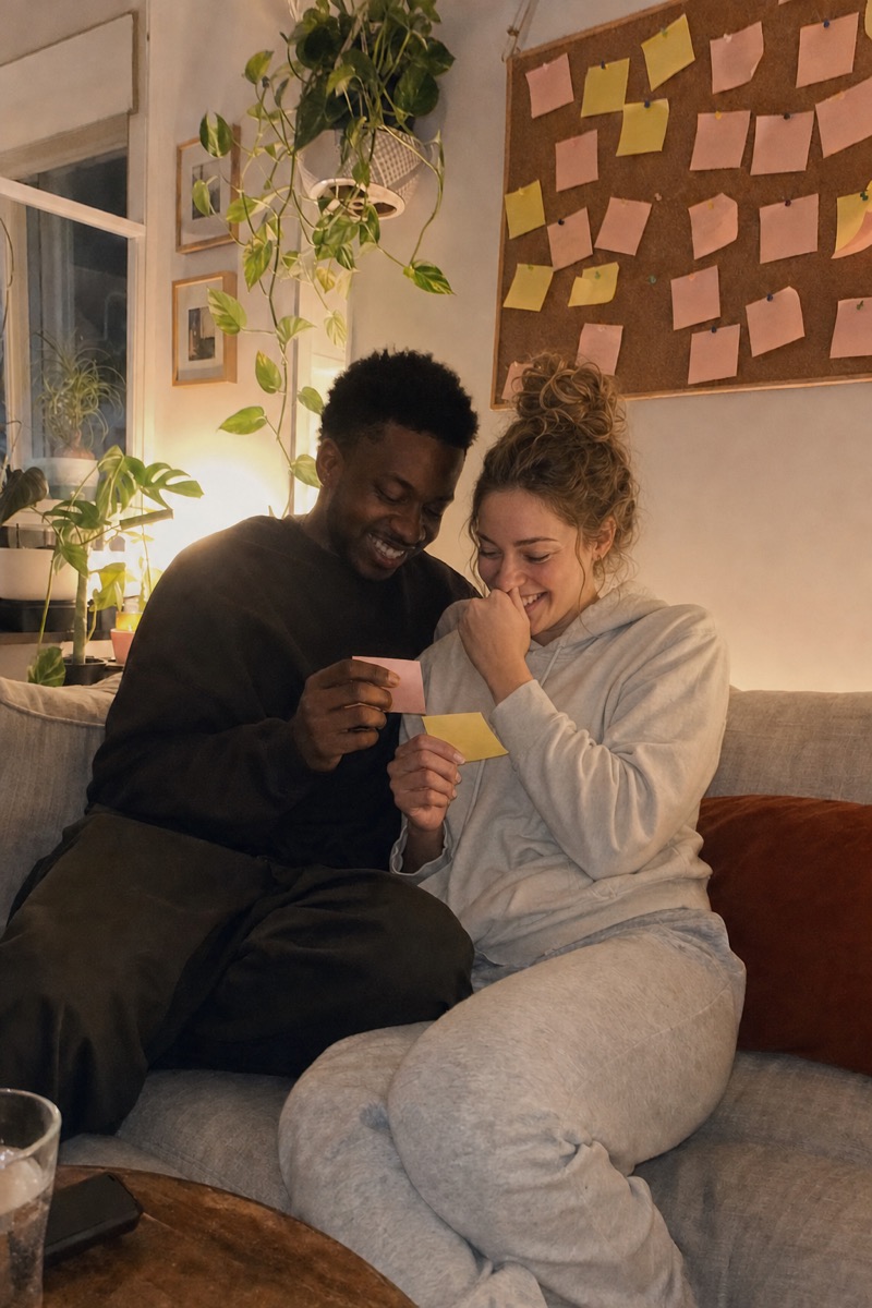 A couple on a sofa laughing as they read sticky notes, with a cork board of notes on the wall behind them