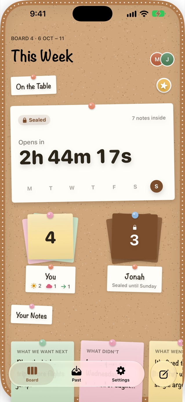 Couples Retro This Week board, sealed, with a countdown reading 2h 44m 17s and note counts of 4 for You and 3 for Jonah