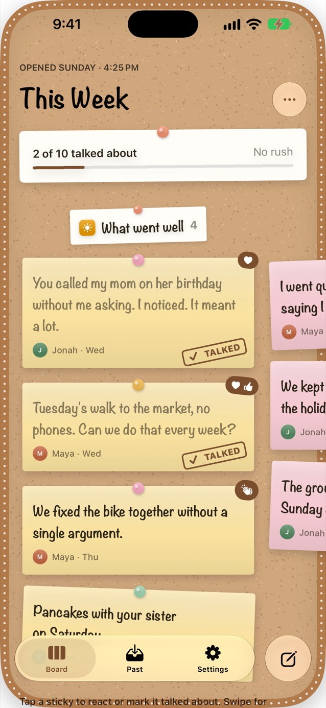 Opened Couples Retro cork board with yellow What went well sticky notes from Jonah and Maya, two marked Talked