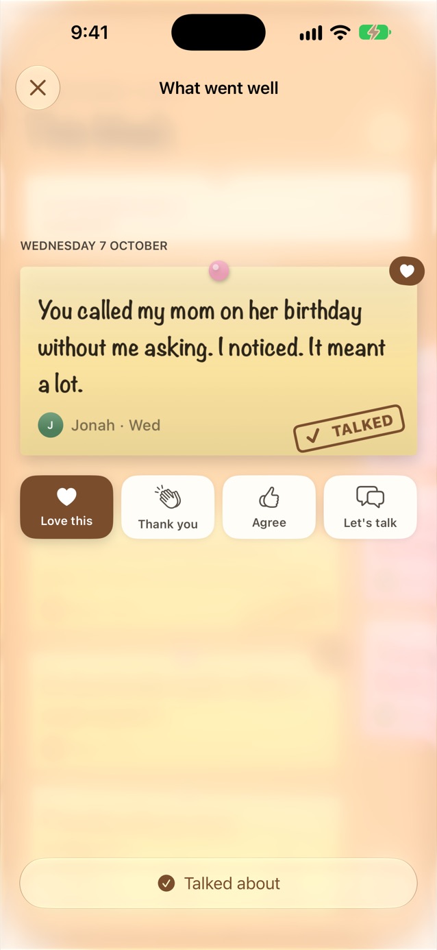 A note from Jonah opened full screen with Love this, Thank you, Agree and Let's talk reaction buttons and a Talked about button