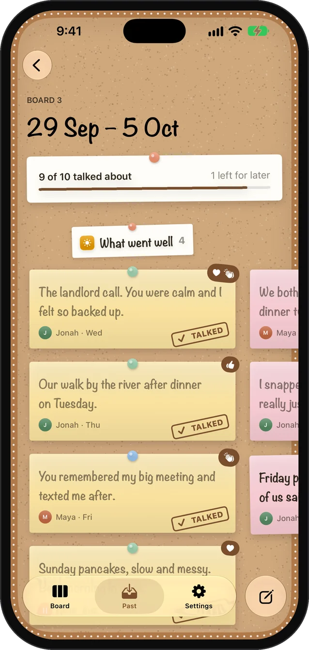 9월 29일~10월 5일의 지난 Couples Retro 보드, 메모 10개 중 9개 이야기 나눔