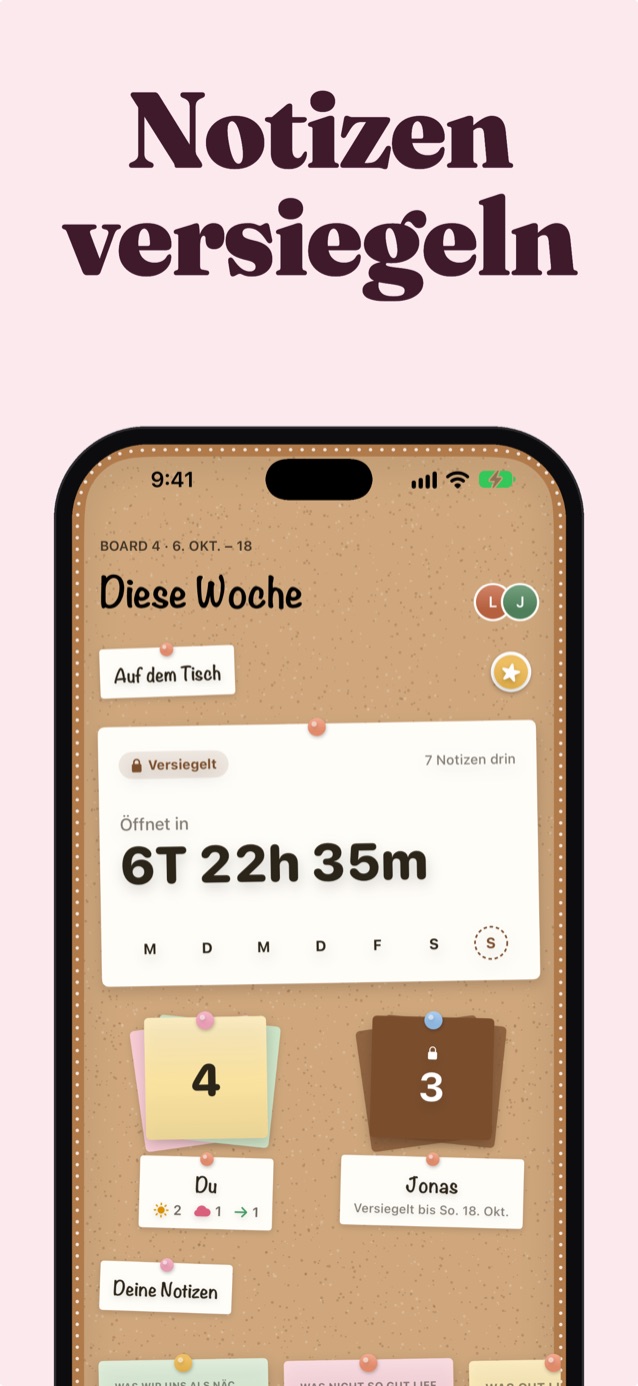 Notizen versiegeln: Die Pinnwand „Diese Woche“ versiegelt mit Countdown, du mit 4 Notizen und Jonahs 3 Notizen gesperrt