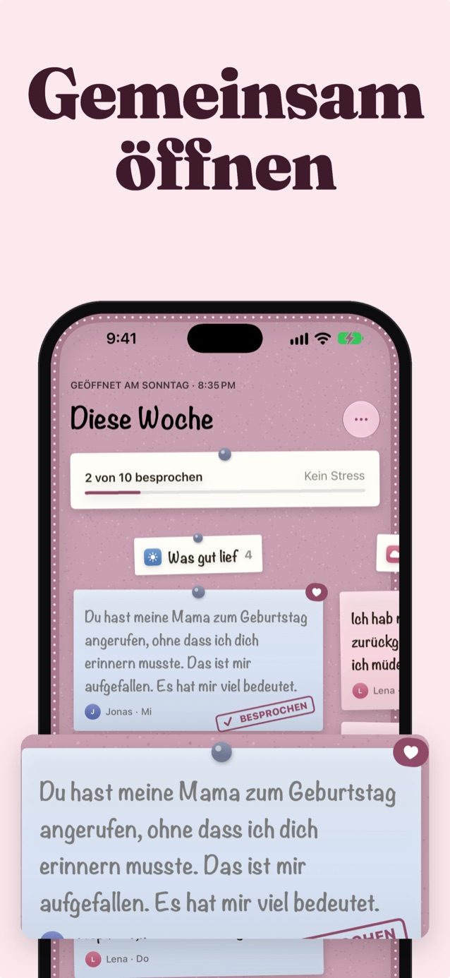 Gemeinsam enthüllen: Das geöffnete Board im Design Blüte mit einer Notiz von Jonah, markiert als „Besprochen“