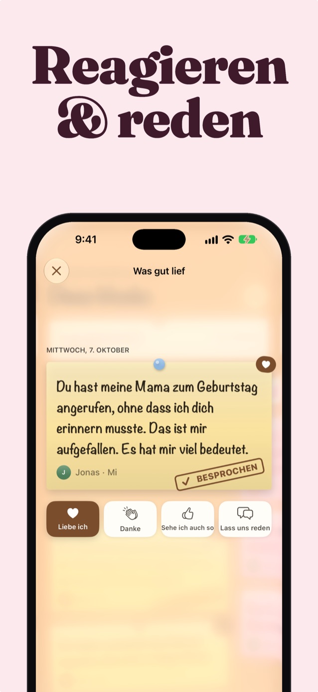 Reagieren und reden: Eine Notiz von Jonah mit den Reaktionen „Liebe ich“, „Danke“, „Stimmt“ und „Lass uns reden“