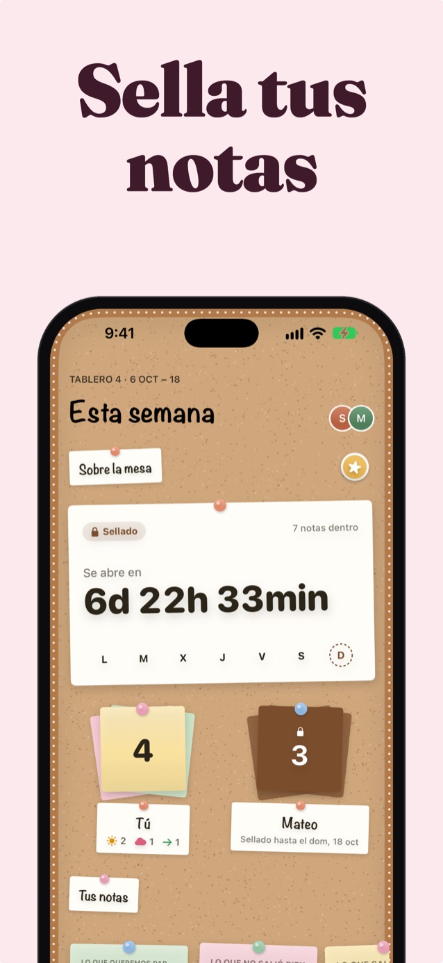 Sellad vuestras notas: el tablero de corcho «Esta semana» sellado con cuenta atrás, tú con 4 notas y las 3 notas de Jonah bloqueadas