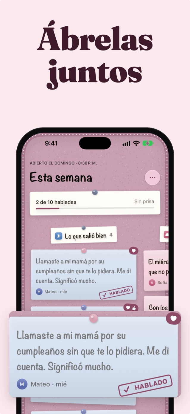 Descubridlas juntos: el tablero abierto con el tema Floración y una nota de Jonah marcada como «Hablado»