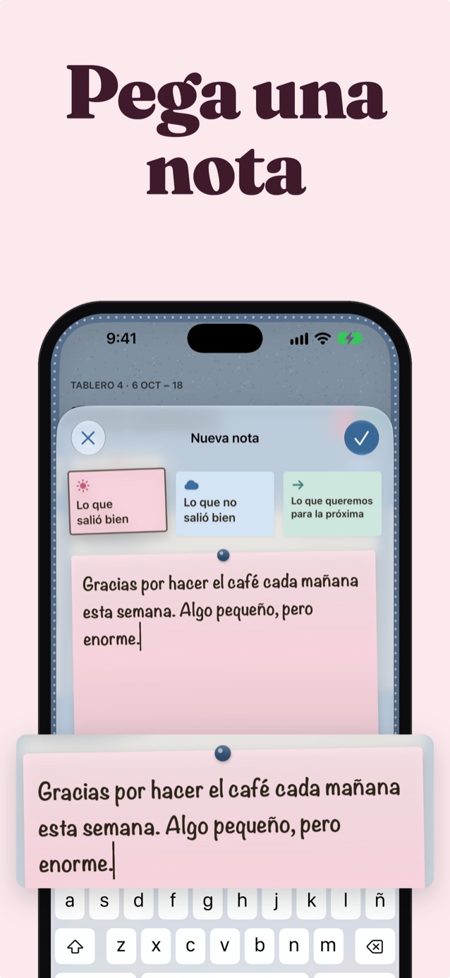 Deja una nota: escribiendo una nota de «Lo que salió bien» en el Muro de fotos para agradecer el café de cada mañana