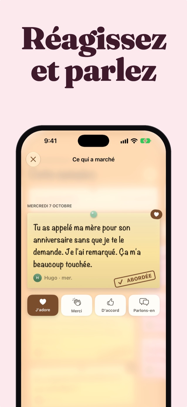 Réagissez et parlez : une note de Jonah avec les réactions « J’adore », « Merci », « D’accord » et « Parlons-en »