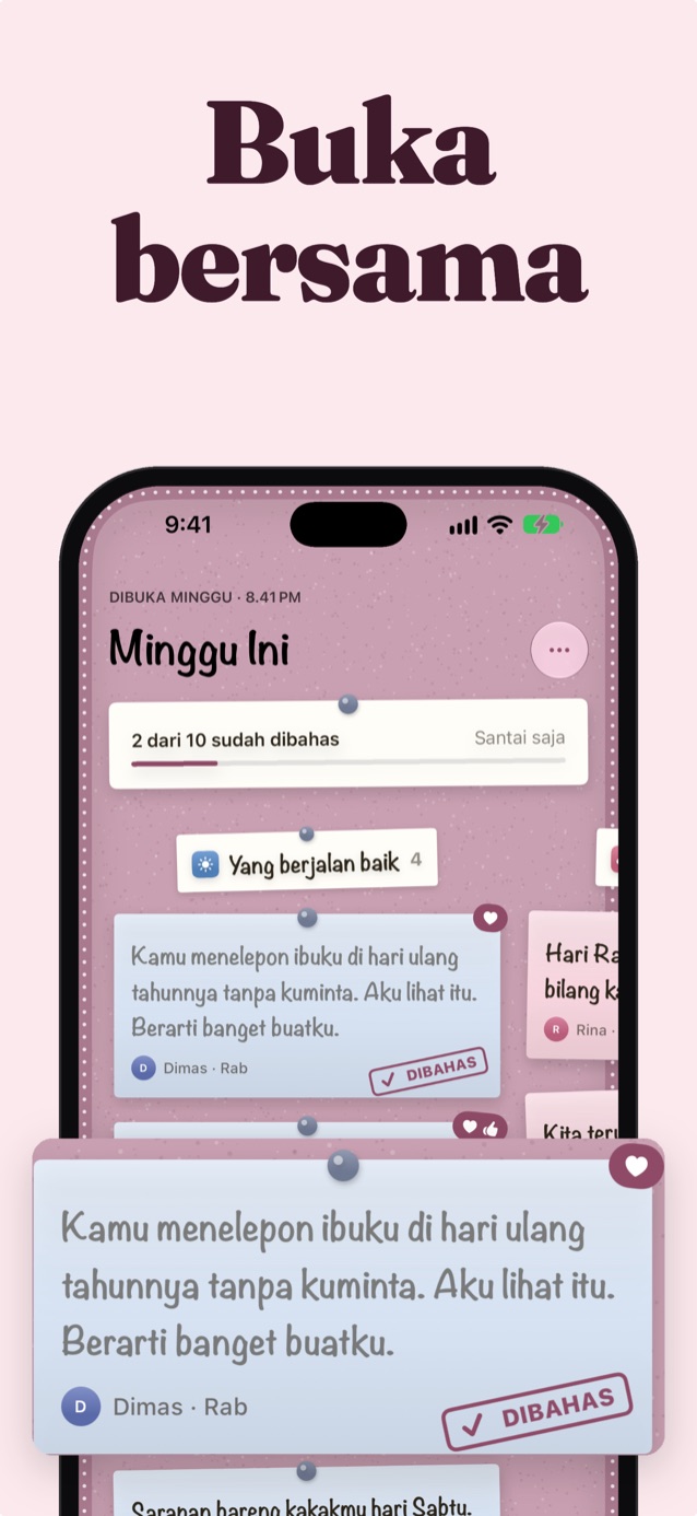 Buka bersama: papan yang sudah dibuka dengan tema Mekar dan catatan dari Jonah bertanda Sudah dibahas