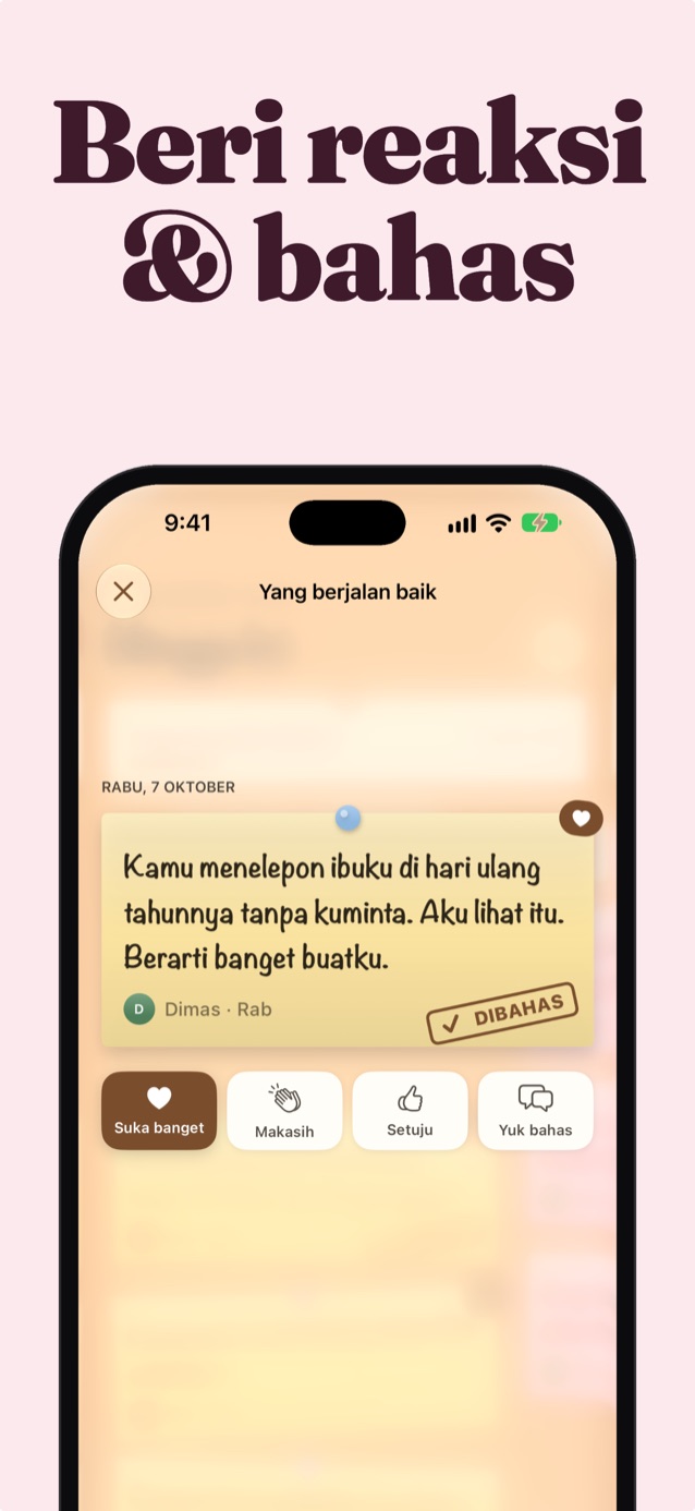 Beri reaksi dan ngobrol: catatan dari Jonah dengan reaksi Suka banget, Terima kasih, Setuju, dan Ayo bahas