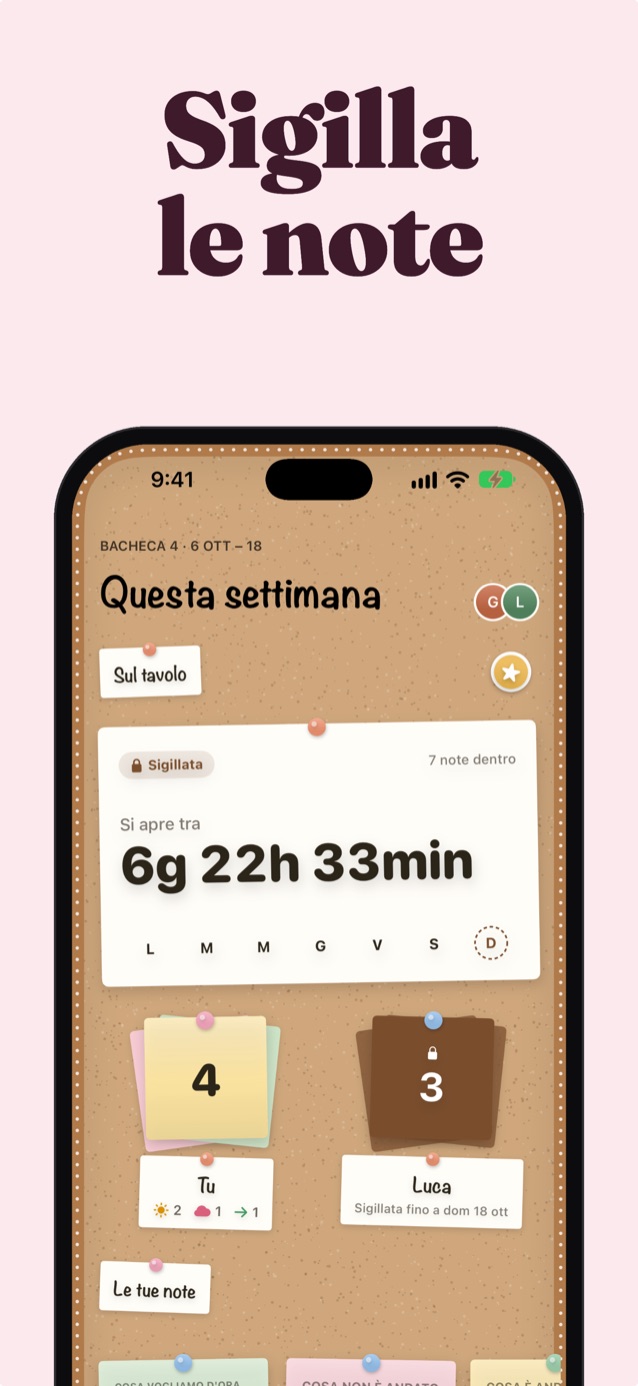 Sigillate le note: la bacheca di sughero Questa settimana sigillata con un conto alla rovescia, Tu con 4 note e le 3 note di Jonah bloccate