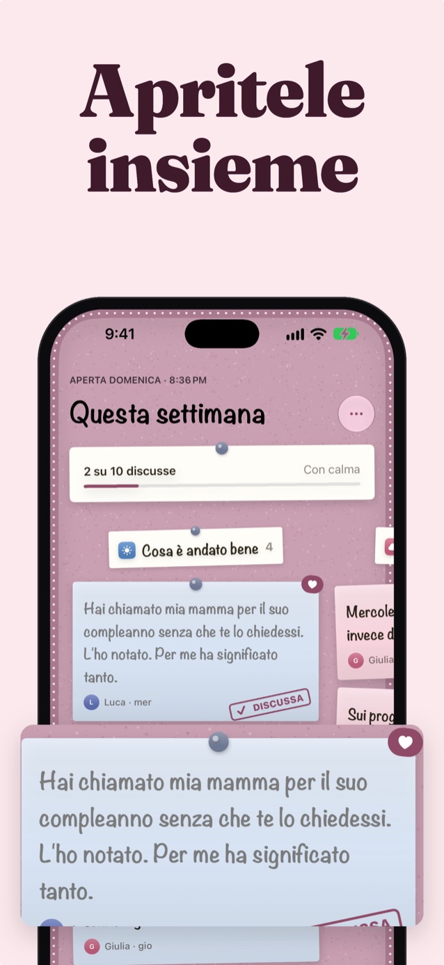 Rivelazione insieme: la bacheca aperta con il tema Fioritura e una nota di Jonah segnata come Ne abbiamo parlato