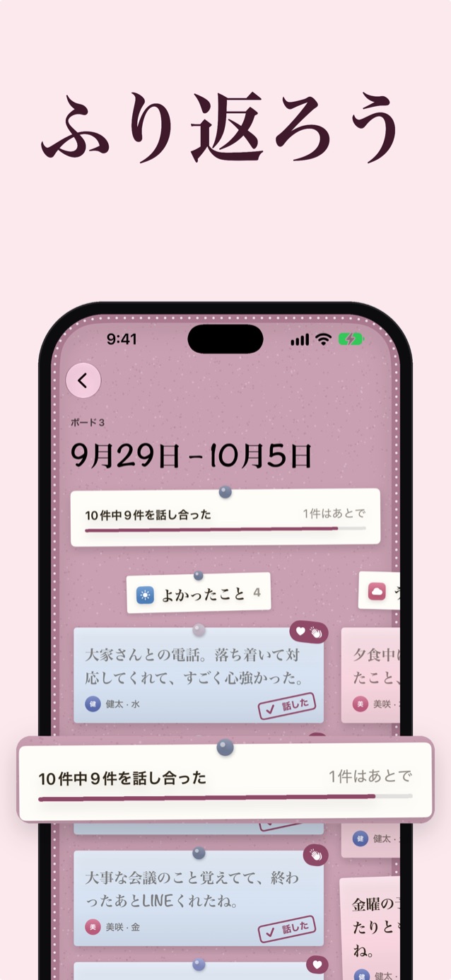 振り返る：ブロッサムで表示した9月29日〜10月5日の過去のボード。10枚中9枚が「話した」