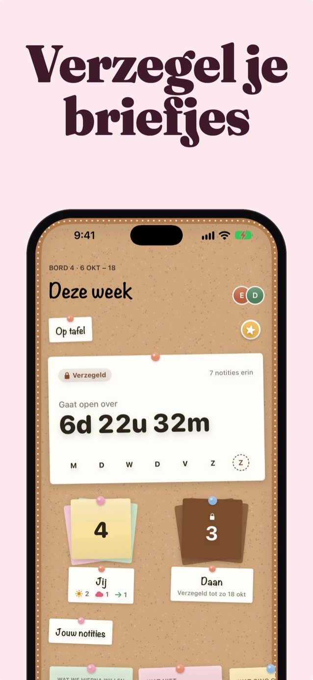 Verzegel je notities: het prikbord Deze week verzegeld met een aftelling, Jij met 4 notities en de 3 notities van Jonah op slot