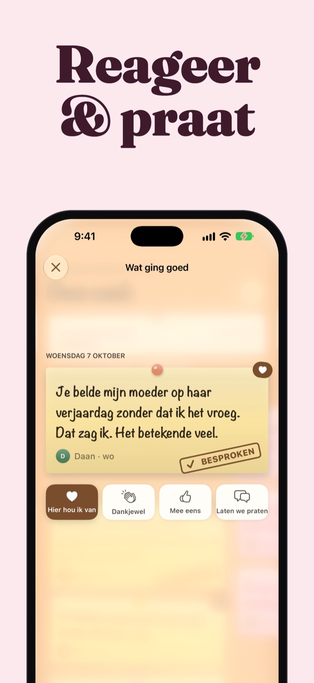 Reageer en praat: een notitie van Jonah met de reacties Geweldig, Dankjewel, Eens en Laten we praten