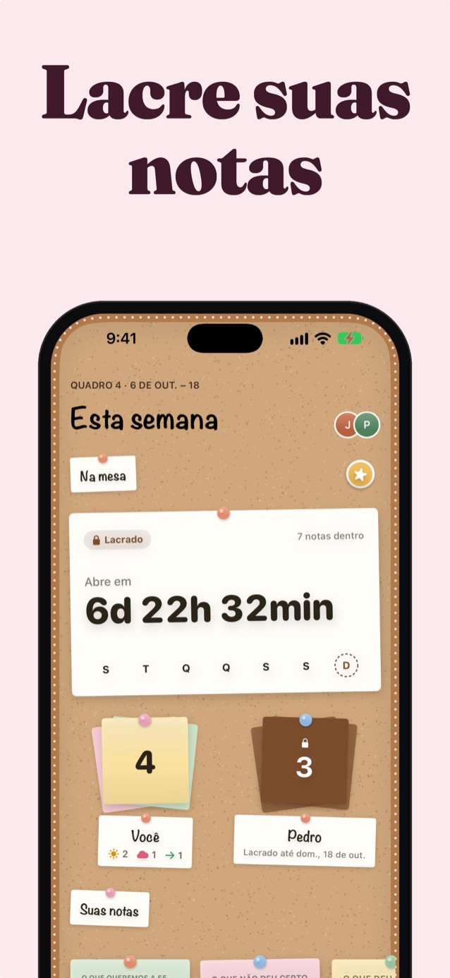 Lacrem suas notas: o quadro de cortiça Esta Semana lacrado com uma contagem regressiva, Você com 4 notas e as 3 notas de Jonah trancadas