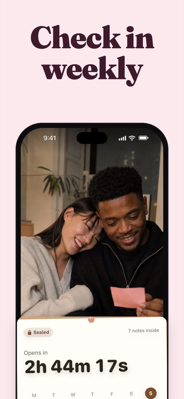 The weekly check-in for couples: a couple laughing over sticky notes above a sealed board counting down 2h 44m 17s