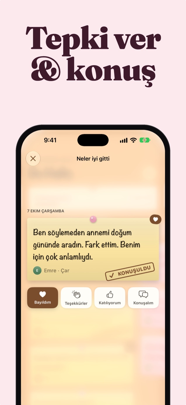 Tepki verin ve konuşun: Bayıldım, Teşekkürler, Katılıyorum ve Konuşalım tepkileriyle Jonah’ın bir notu